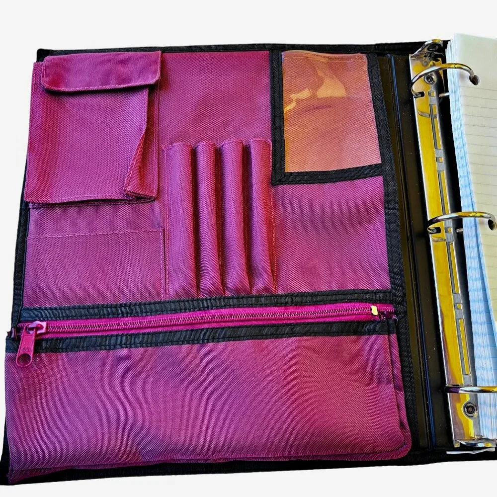 Vintage 90’s 3 Ring Binder Notebook Rugged Burgundy Fabric Paper Pockets